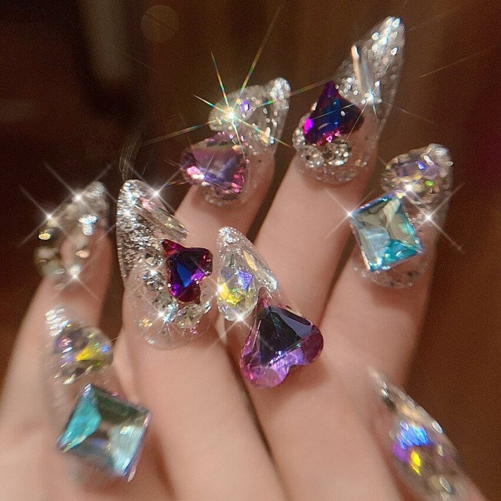NEW Sparkling Bling Crystal Hearts & Gems Glitter Press On False Nails +…
